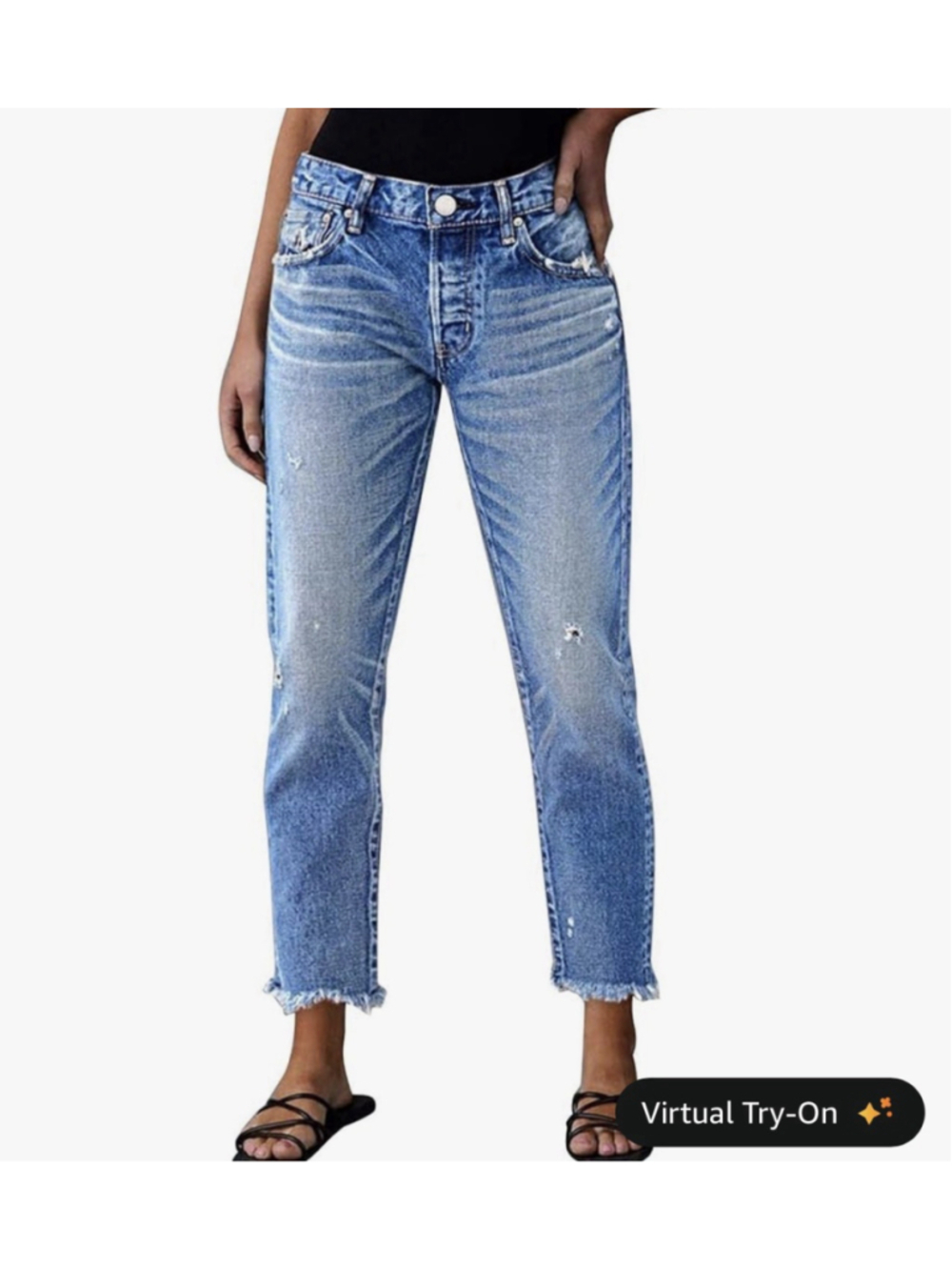 Flamingals Cropped Jeans Women Straight Leg Mid Rise Ripped Raw Hem Stretchy